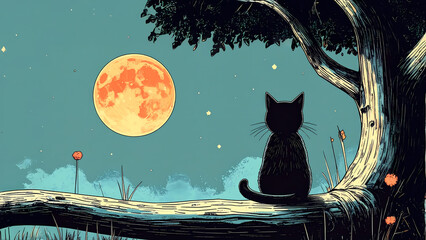 A cats sit on a tree branch. under the moonlight surrounded by stars and trees