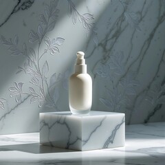 Minimalist Skincare Bottle on Acrylic Platform with Matte Marble Backdrop and Soft Floral Engraving under Diffused Luxury Lighting