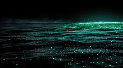 Abstract digital sea, glowing teal particles