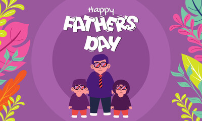 A cheerful Father's Day greeting card with a dad and two kids in matching outfits, surrounded by colorful tropical leaves on a purple backdrop. Bold, playful typography enhances the festive vibe.