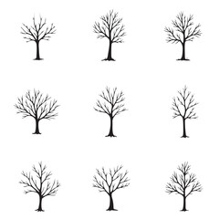 Obraz premium silhouette tree line drawing set, Side view, set of graphics trees elements outline symbol for architecture and landscape design drawing. Vector illustration in stroke fill in white. 