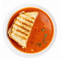 Grilled cheese sandwich with tomato soup isolated on white background for comfort lunch or cafe concept