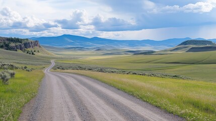 Winding dirt road cutting through vast grassy plains with mountains in the distance