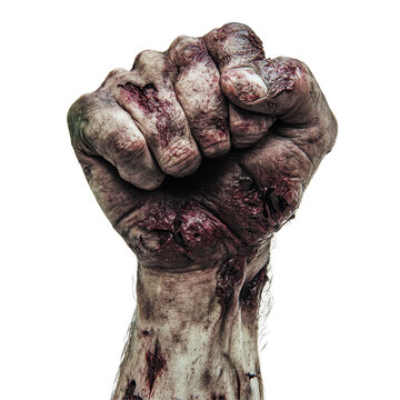 Zombie fist emerges from horror, showcasing gory details on a stark Transparent background, Zombie Monster Fist on PNG background Horror and Halloween Concept PNG background