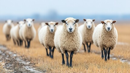 Fototapeta premium A flock of sheep walking in a field.