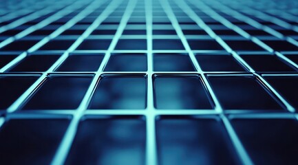A perspective-distorted image of a grid of shiny, rectangular metal bars, rendered in cool blue tones, creating a sense of depth and repetition