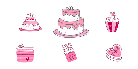 Pink celebration icons set with cakes, gifts and sweets, hand drawn vector illustration