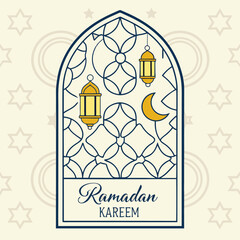 Ramadan Kareem Greeting With Lanterns And Crescent Moon In Geometric Frame