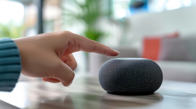 A person using voice search on a smart speaker or virtual assistant device, showcasing the convenience of hands-free internet searching.