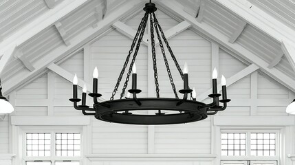 Ornate black chandelier in a white room.