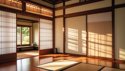 Obraz premium Serene Japanese interior with tatami mats and sunlit shoji screen doors creating warmth