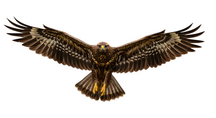 Isolated Photo of Eagle with Brown and Gold Feathers and Wings Spread on Black Background