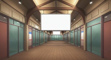 Customizable Horizontal Billboard in a Bright Anime School or Office Hall