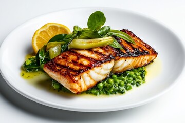 **Grilled Sea Bass Fillet Served Over Green Pea Purée With Crispy Leeks And Citrus Beurre Blanc, Styled Modern And Upscale On White --Ar 3:2 --V 6.1 --S 250 --P G8Gxrjv** - @Darya (Relaxed) -# Create,