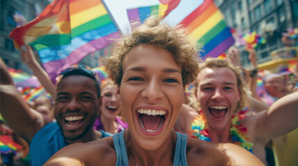 Authentic portraits capture the joyful spirit of diverse individuals at a Pride Month event, showcasing authentic expressions and symbols of equality. 