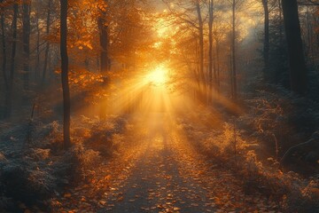Obraz premium Autumn sunrise path, misty forest, golden light, nature scene, fall wallpaper