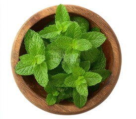 Fresh mint leaves in a wooden bowl