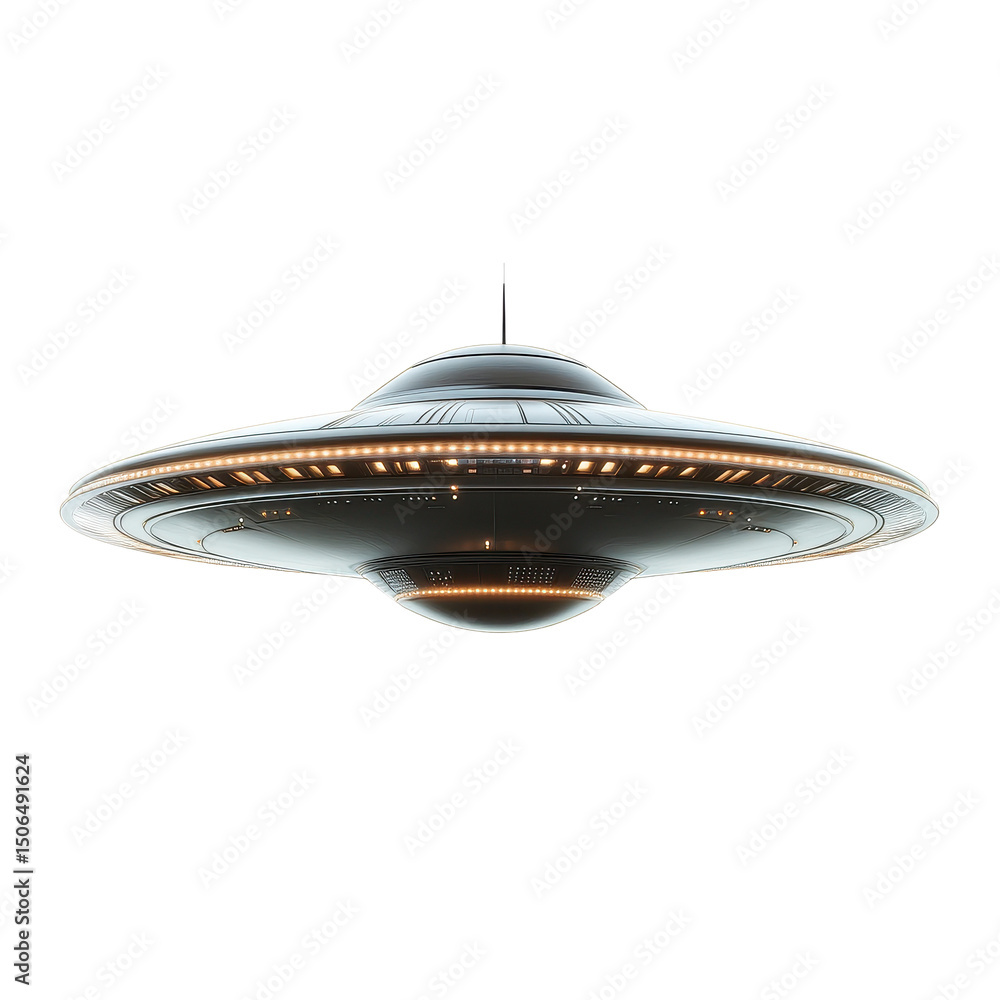 Poster ufo hovering against a transparent background with a sleek, futuristic design and illuminated unders