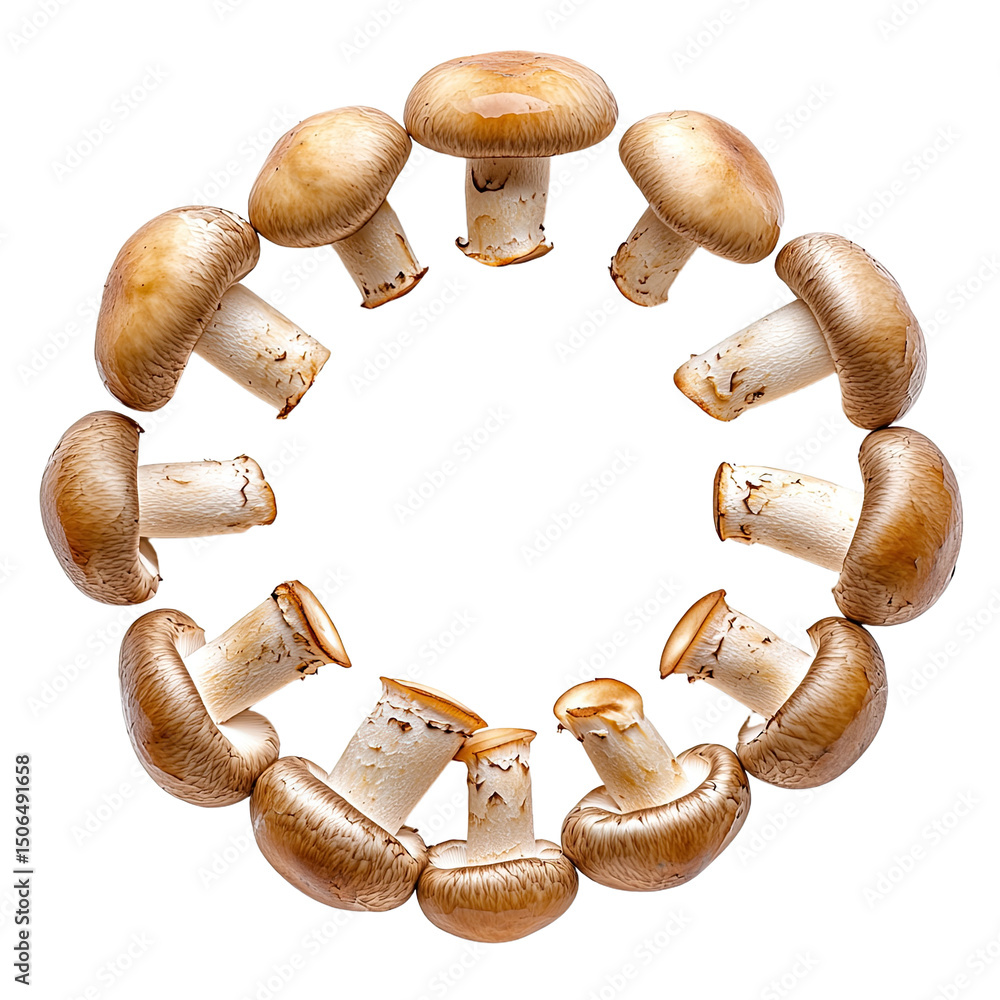 Poster top view of mixed mushrooms arranged in circular shape, showcasing their unique textures and colors,