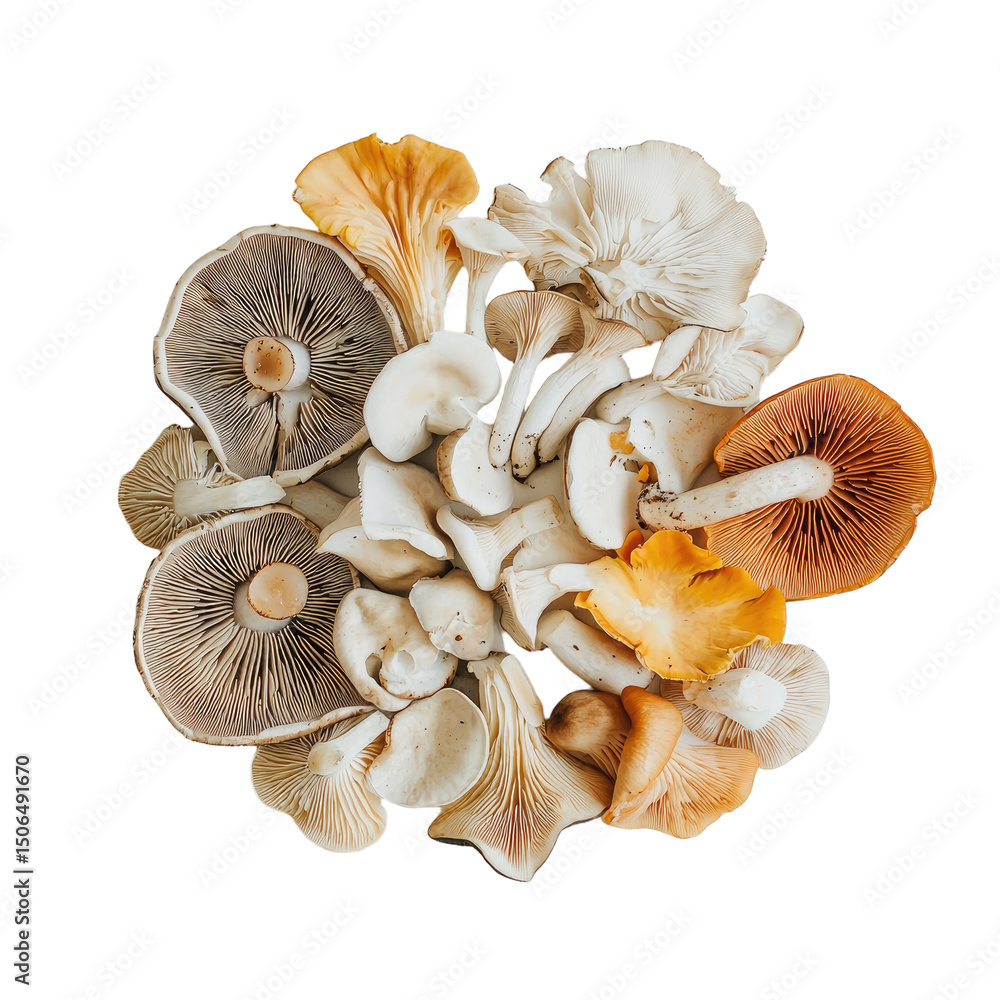 Poster vibrant assortment of mixed mushrooms arranged in circular shape, showcasing various textures and co