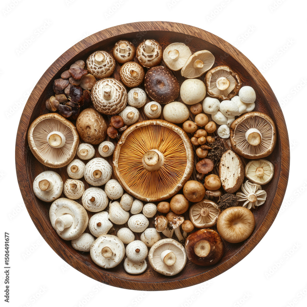 Poster top down view of various mushrooms arranged in circular pattern on wooden platter, showcasing their 