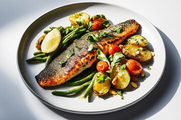 Grilled Trout With Almond Brown Butter, Green Beans, And Baby Potatoes, Styled Classic And Premium On White