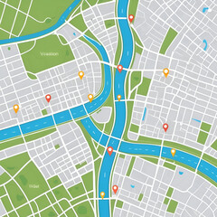 City map with pins. Town streets and avenues, parks and squares, rivers and ponds. Urban gps navigation with pointers. Geo locating concept