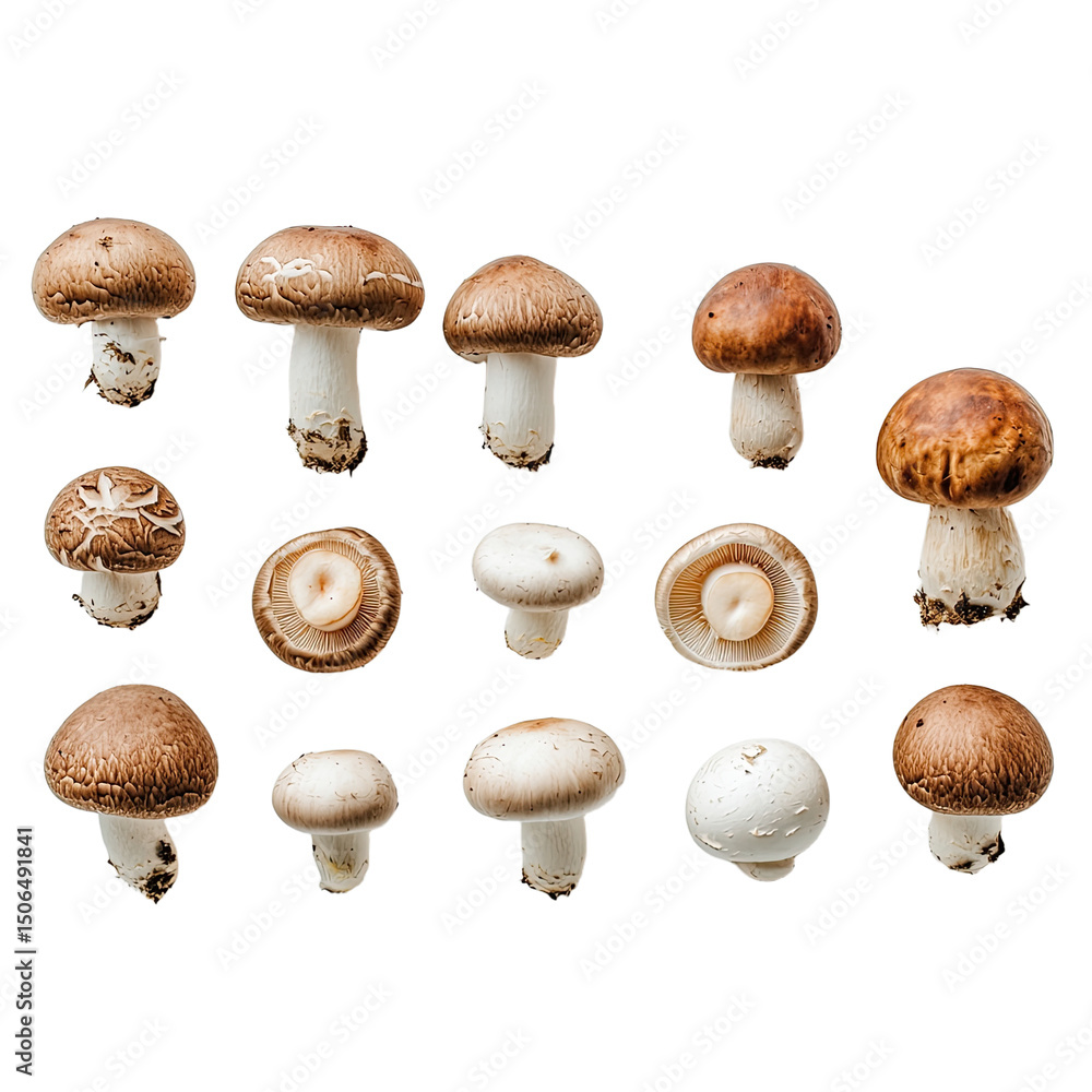 Poster variety of mushrooms displayed in row, showcasing different sizes and types, including brown and whi