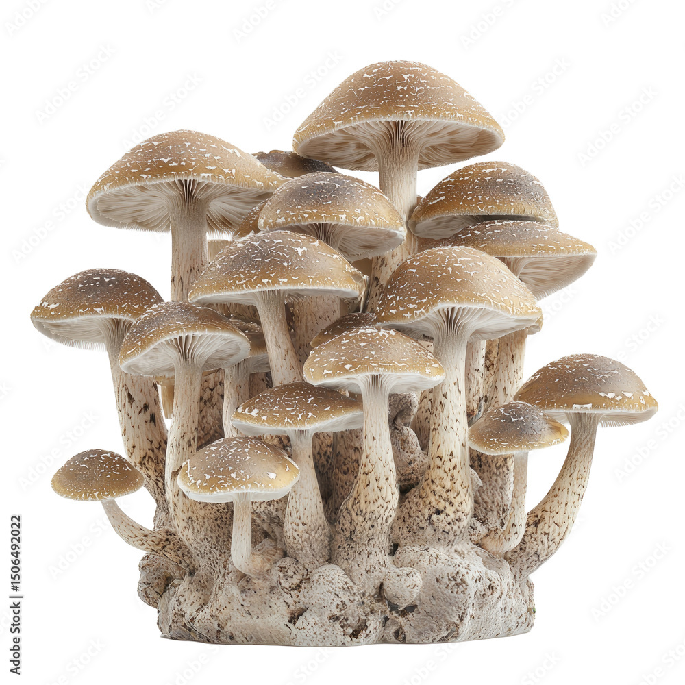 Poster wild mushroom cluster side view with detailed caps showcasing variety of shapes and sizes, creating 