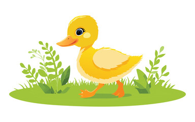 Yellow Duckling in Grass Illustration