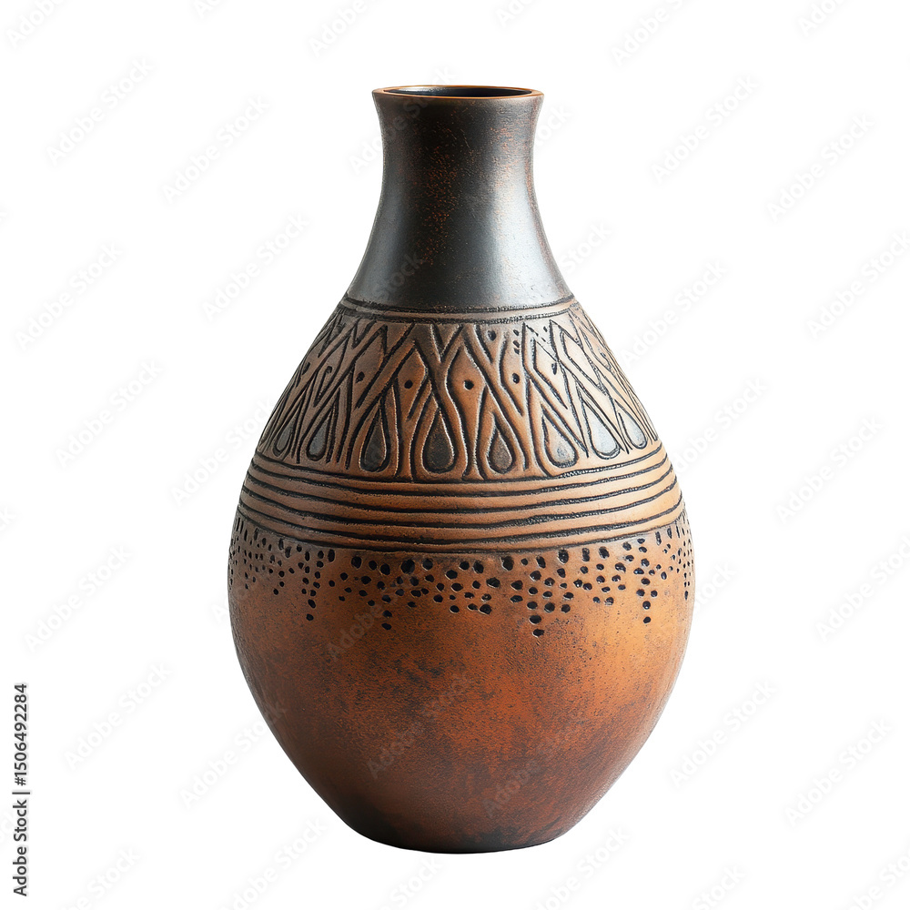 Poster unique brown vase with intricate patterns against a white background, brown vase with patterns on it