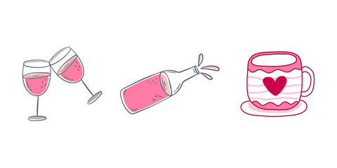 Pink line art illustration set featuring wine glasses, bottle, and heart-decorated mug in romantic Valentine's Day style perfect for love-themed designs and celebration graphics