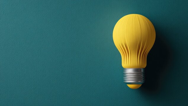 Bright, yellow light bulb on teal background