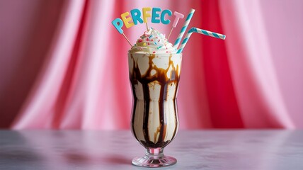 Delicious Vanilla Milkshake with Whipped Cream and Sprinkles on Pink Background