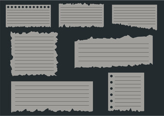 Torn Lined Paper Notes Collection – Vintage Scrapbook Style Vector, A set of torn notebook paper pieces with lines and perforated edges.