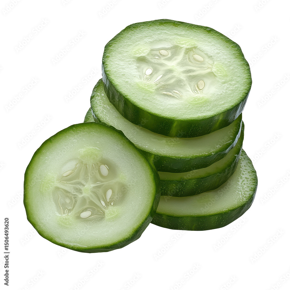 Poster freshly sliced cucumbers stacked on a transparent background for culinary presentation and healthy e