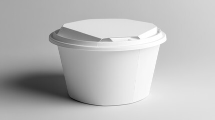 A white, round paper takeout box.
