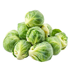 Fototapeta premium Fresh brussel sprouts stacked beautifully on a white background showcasing vibrant green color, Brussel Sproutsisolated on white background