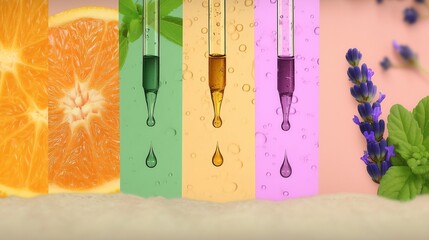 multi-product collage showing 3 transparent glass droppers dripping colorful serums vitamin C from oranges,extract green tea,lavender,each dropper aligned vertically with matching ingredient visuals