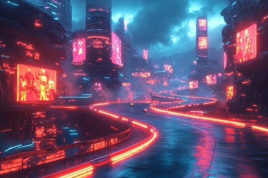 Neon city, futuristic road, racing, night, digital art, sci-fi background, game concept