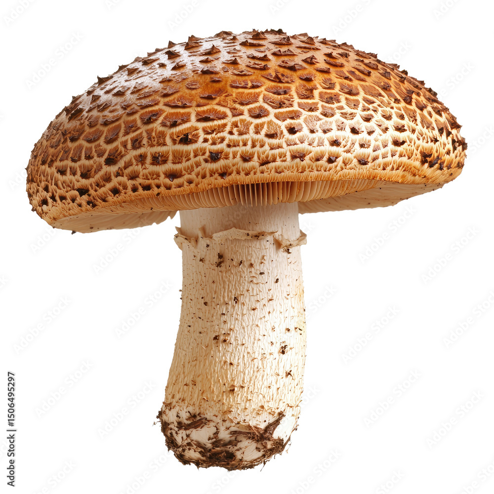 Poster detailed view of mushroom cap showcasing its unique texture and patterns, with sturdy stem beneath. 