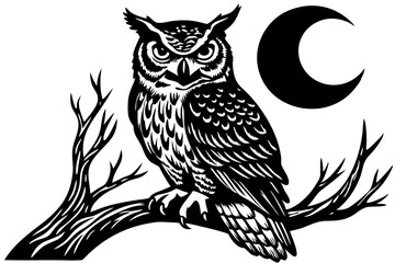 Majestic Owl Perched on Branch Under Crescent Moon Night Bird Illustration, owl, moon, night, bird, royalty, stylized, wisdom, powerful, mysterious, mystery, tattoo, resolution, wings, majestic, stars