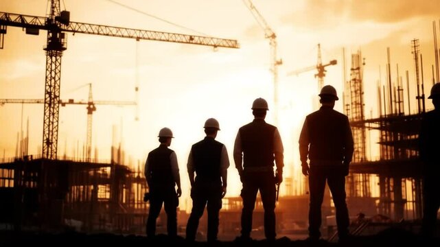 A construction site at sunrise with silhouettes of workers wearing hard. 4k video