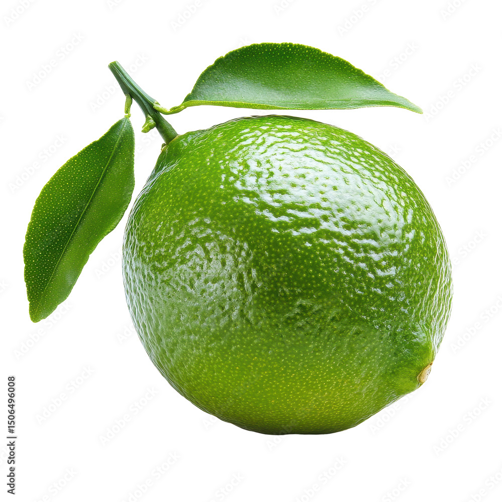 Poster fresh lime isolated on transparent background with vibrant green color and attached leaves showing n