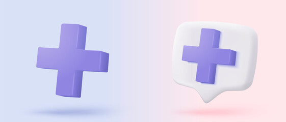 Obraz premium 3d purple plus icon on the white colours background. First aid and health care with pure medical. Medical symbol of emergency help. 3d math signs icon vector render illustration