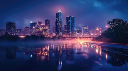 Fototapeta premium Cityscape at dawn, reflecting in a tranquil river.