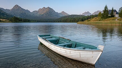 Obraz premium Calm lake scene with a small boat at the shore.