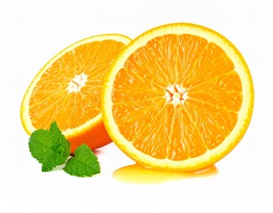 Fototapeta premium Juicy Orange Halves with Juice Dripping and Fresh Mint on Isolated White Background Setting