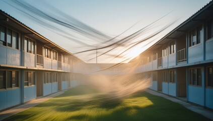 Abstract representation of a modern building complex at sunset evoking motion