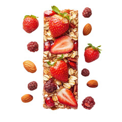 Strawberry oat and nut bar with fresh fruits and nuts on a white surface, Strawberry oat and nut bar isolated on Transparent background